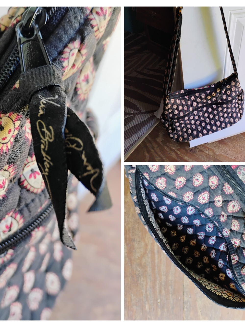 Vera Bradley Black Quilted Floral Crossbody with Pink Accents